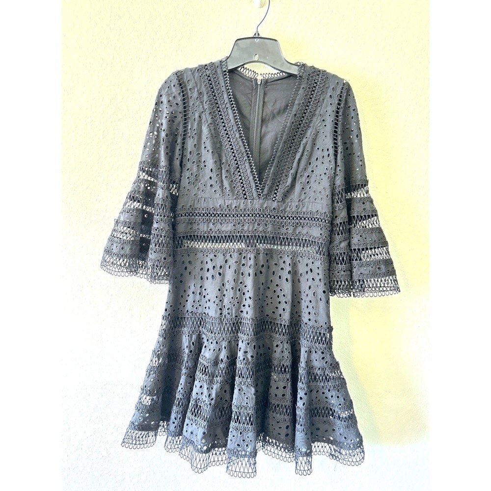 Boho Summer Cocktail Black Eyelet Lace V-Neck Mini Dress Bell Sleeve SZ S